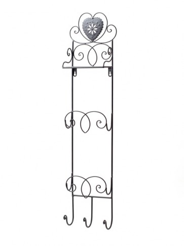 Fali akasztó polccal szív mintácal antik fém 17x85x9cm ezüst