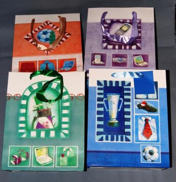 Tasak fiús papír 25x32x10cm kék fehér piros lila 2 féle