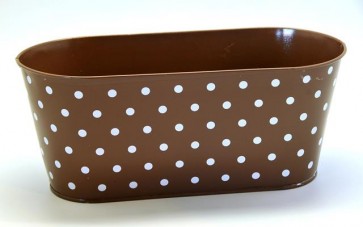 Kaspó pöttyös ovális bádog 28,5x13,2x24,5cm barna-fehér @