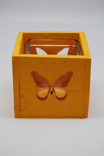 Mécsestartó pillangós fa-üveg 9,5x9,5x8,5cm sárga