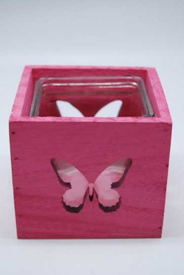 Mécsestartó pillangós fa-üveg 12x12x11,5cm pink