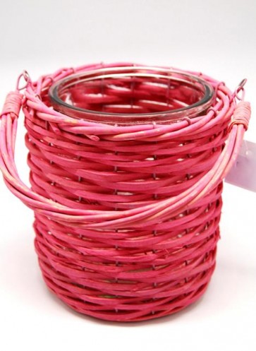Mécsestartó kosárban akasztós üveg-vesszõ 16x16x17,5cm pink
