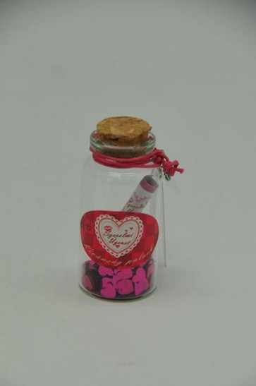 Üzenõ palack valentin-napi üveg parafa 3x7cm piros-lila 2 féle