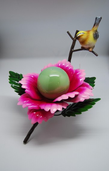 Virág madárral napelemes fém 26x27x30cm rózsaszín-zöld SSS