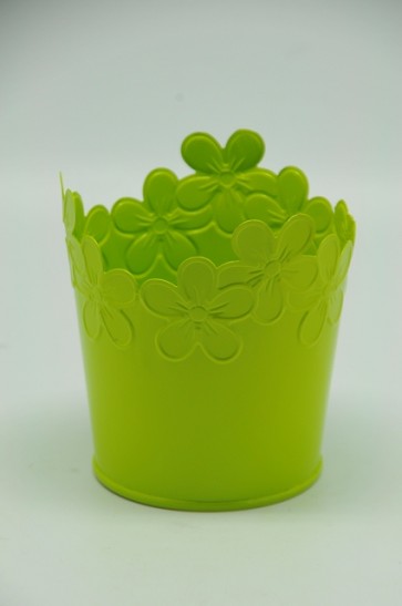 Kaspó nyomott virág mintával kerek virágszélû bádog 10,5x7,8x9,7 cm zöld