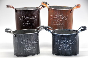 Kaspó füles bádog ovál fém 12x8,5x10x11,5x8cm barna, v,barna, szürke, s,szürke 4 féle