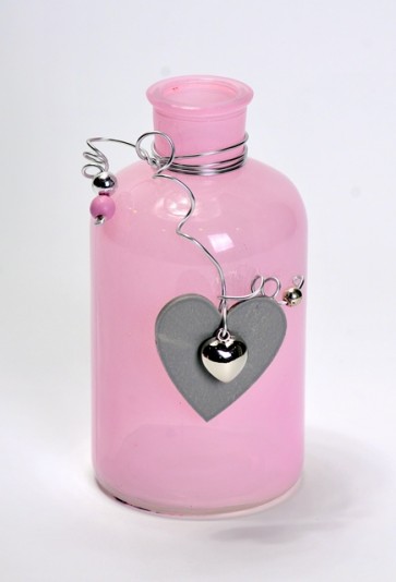 Üveg palack szív dekorációval 8x8x16cm rózsaszín