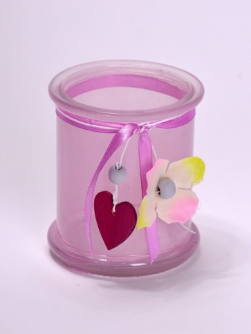 Mécsestartó szív dekorációval üveg 8,5x8,5x10cm rózsaszín