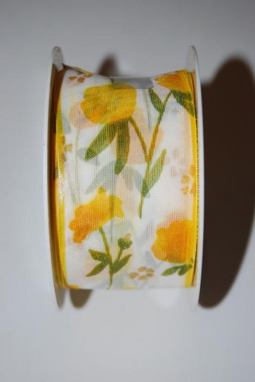 Szalag Emilia tulipános textil 40mmx10m sárga-zöld-fehér  SSS