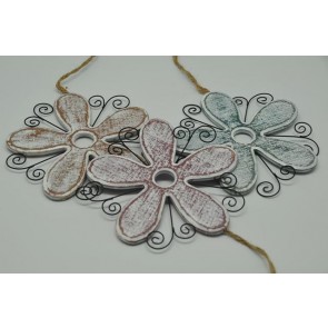 Virág ajtódísz akasztós fa 29x15cm zöld-fehér-barna-lila 3 féle SSS