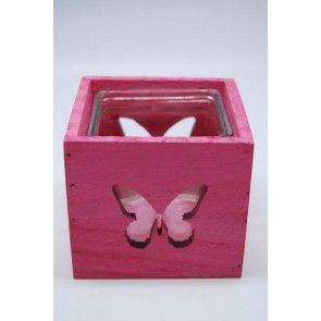 Mécsestartó pillangós fa-üveg 12x12x11,5cm pink
