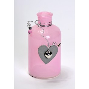 Üveg palack szív dekorációval 8x8x16cm rózsaszín