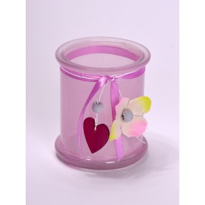Mécsestartó szív dekorációval üveg 8,5x8,5x10cm rózsaszín