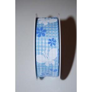Szalag Im Grünen kockás-pillangós textil 25mmx10m kék-fehér  SSS