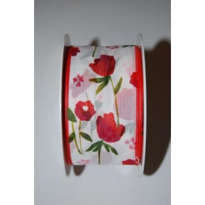 Szalag Emilia tulipános textil 40mmx10m piros-zöld-fehér SSS