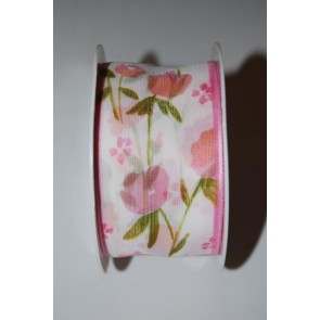 Szalag Emilia tulipános textil 40mmx10m rózsaszín-zöld-fehér SSS